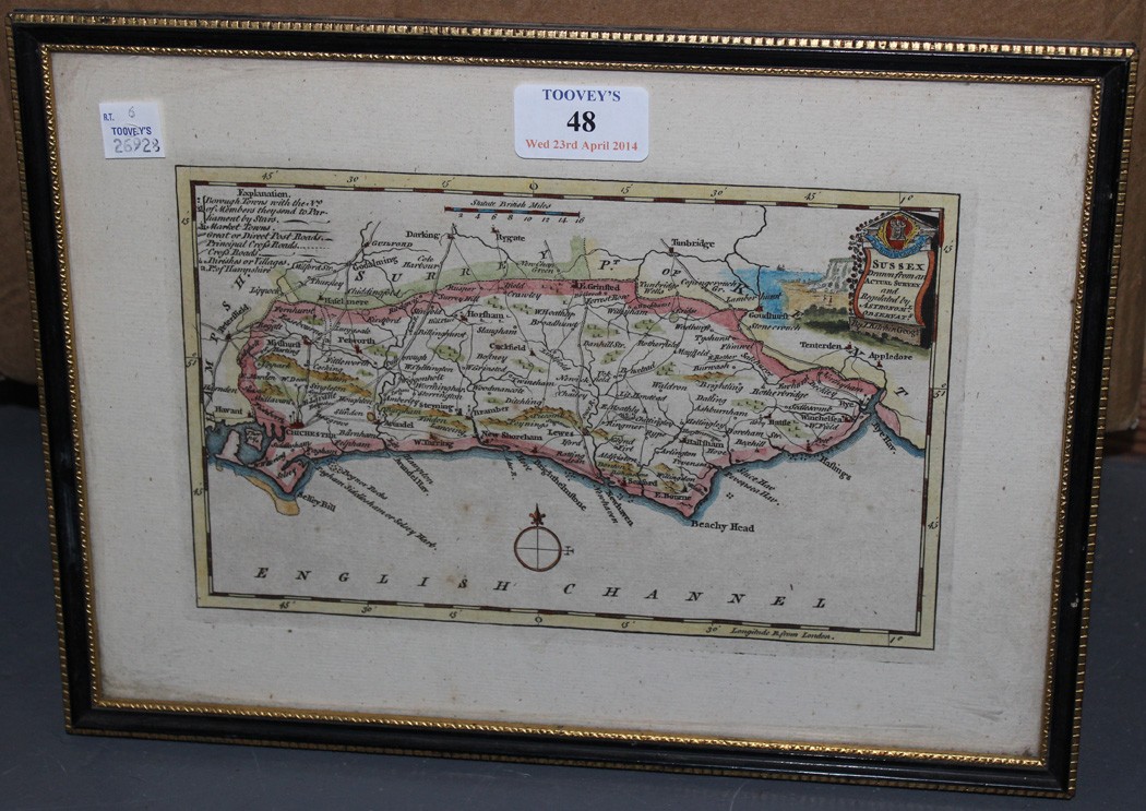 After Thomas Kitchin - `Sussex` (Map of the County), engraving with later colour, approx 20.5cm x