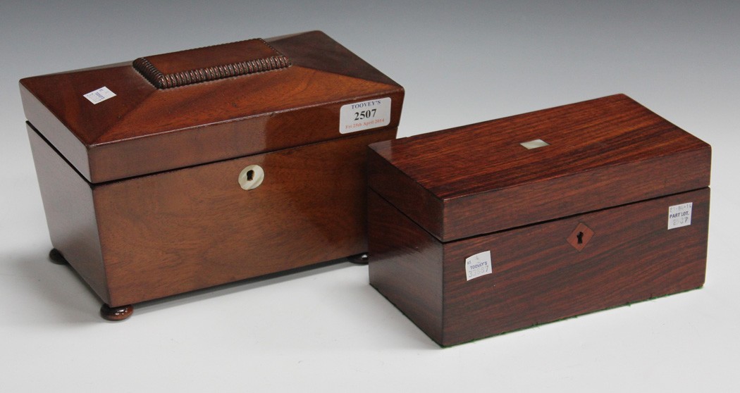 A Regency mahogany sarcophagus tea caddy, width approx 23cm, together with a Regency rosewood tea