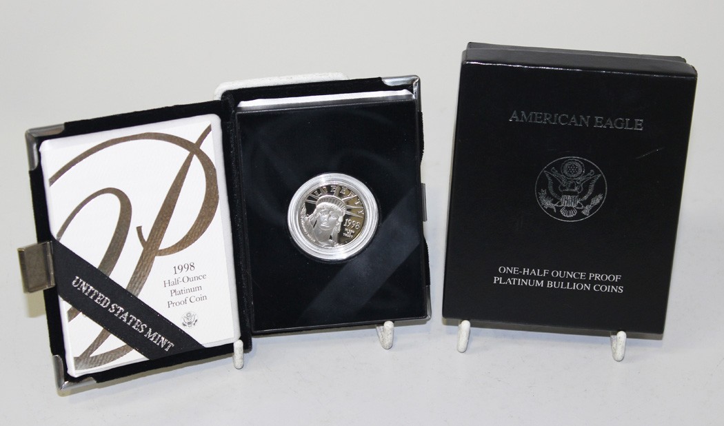 A USA proof platinum fifty dollars half ounce coin 1998, with the original case and box.