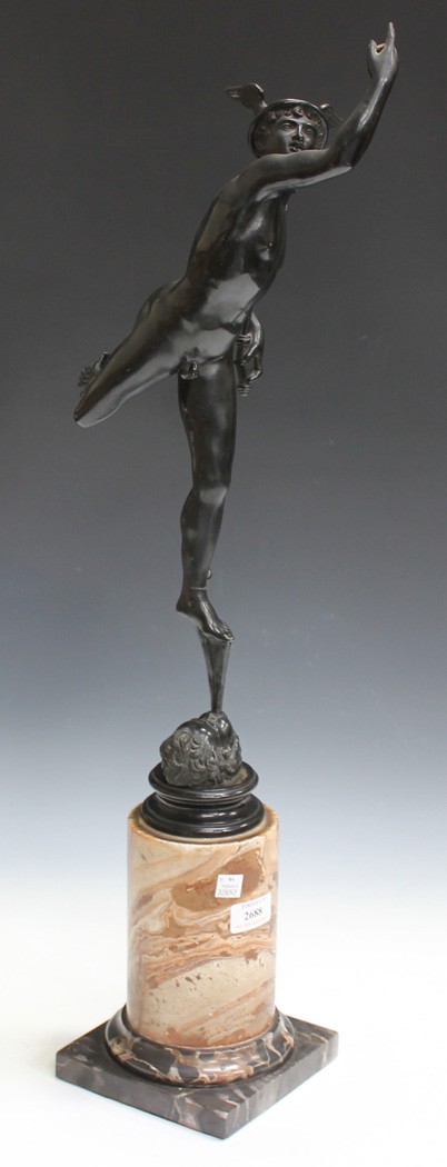 After Giambologna - a 19th Century Continental black patinated cast bronze figure of Mercury,