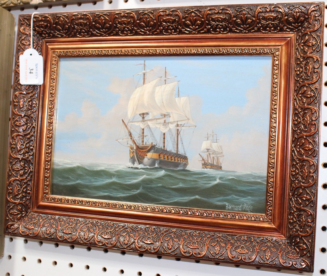 Bernard Page - Seascape with Two Ships, 20th Century oil on board, signed, approx 19cm x 29cm.