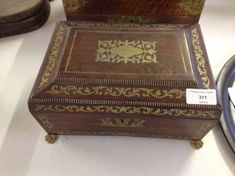 A Victorian mahogany jewellery box with pale blue interior, brass inlay to lid and animal feet