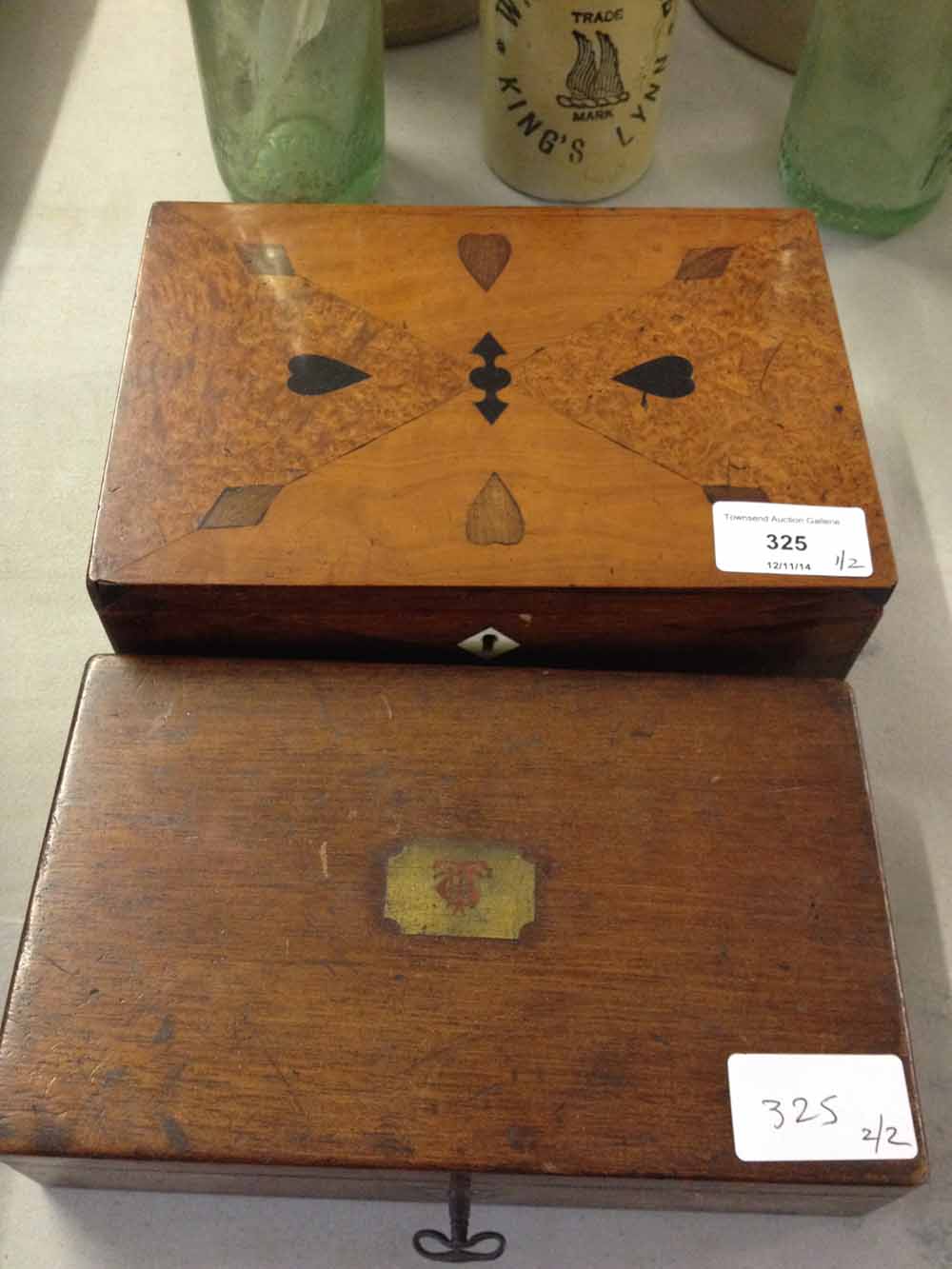 2 wooden boxes - one with inlaid hearts and diamonds to lid.