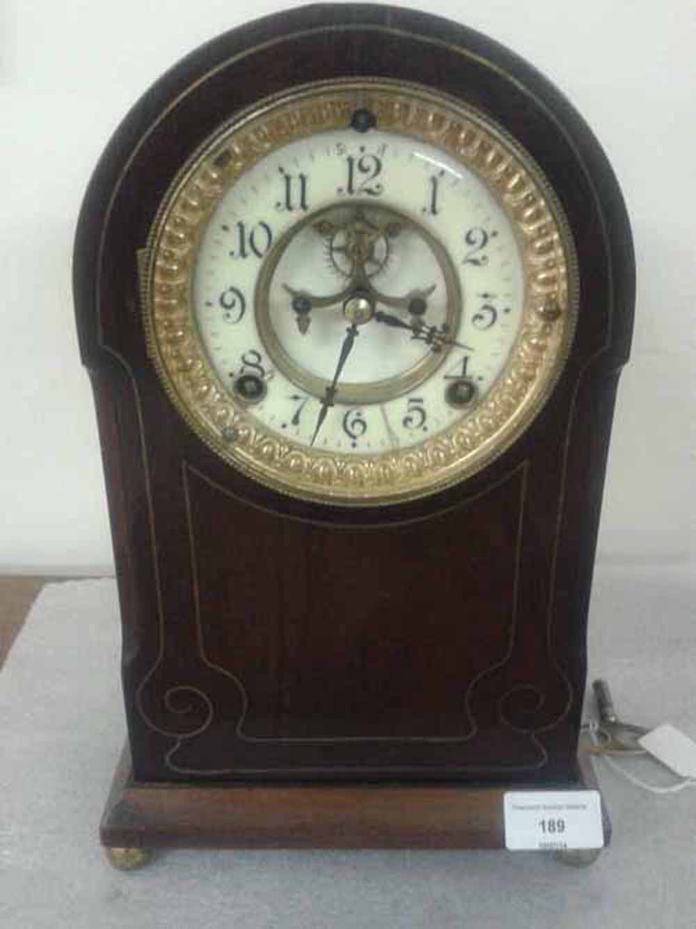 American 8 day chiming bracket clock by Ansonia Clock Co New York - wooden case with brass inlay.