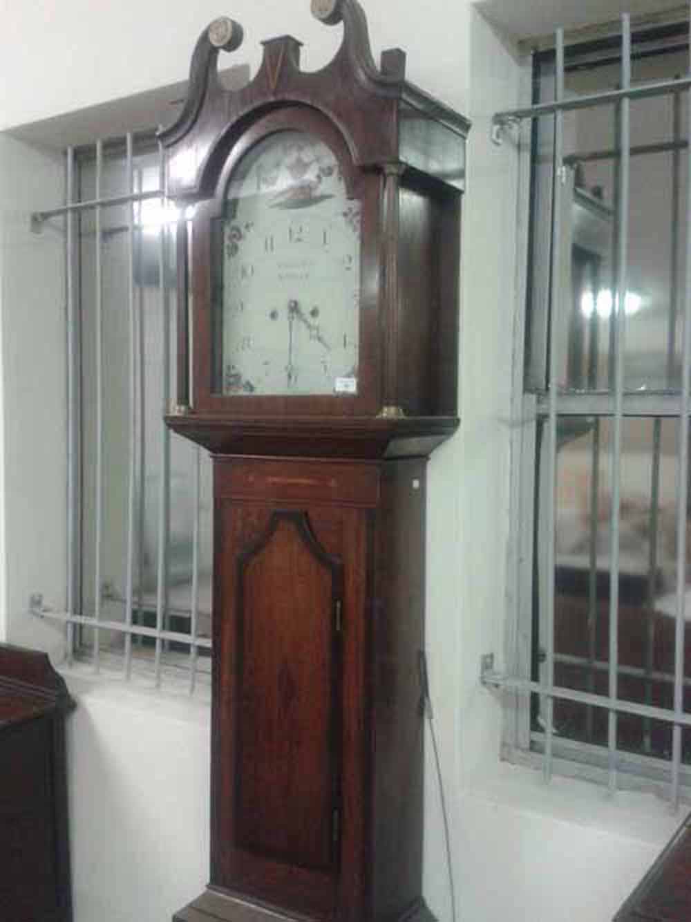 A c1820`s long case clock by Unwin & Holt Newalk with inlaid case and dial painted with pheasant &