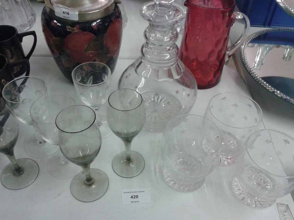 Stuart Crystal decanter with 3 matching glasses plus 6 assorted sherry glasses.