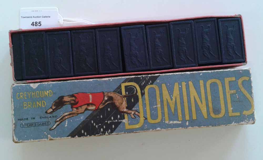 A boxed set of Greyhound Brand Dominoes made by Spears Games - each domino marked with a greyhound