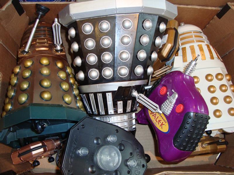 A group of modern radio control Dalek toys all with R/C transmitters.


Condition 3
Box condition