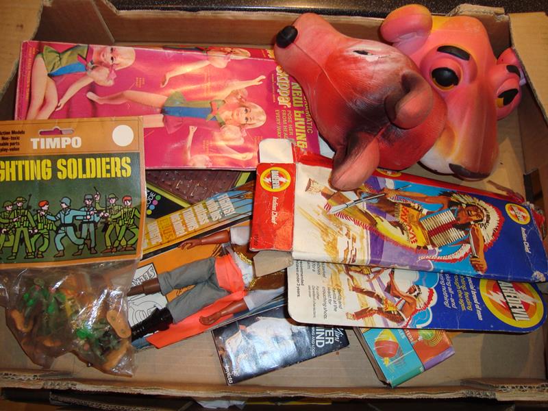 A tray of 1980s games, dolls and Timpo soldiers.

Condition  2/4
Box Condition  2/4  where boxed