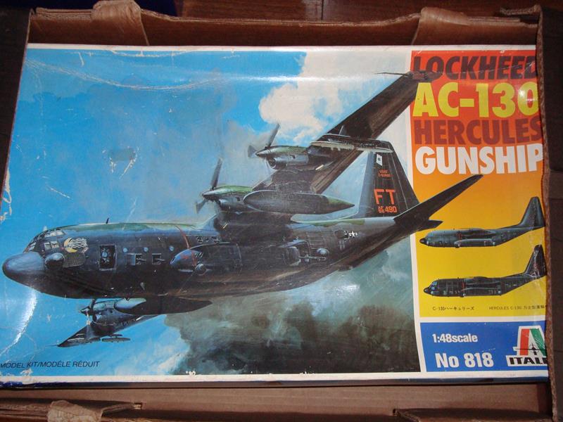 An Italeri 1:48 scale plastic kit of a Lockheed A/C-130 Hercules Gunship.  Appears complete and