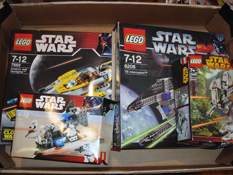 A group of four Star Wars Lego sets comprising 6206, 7250, 7667 and 7669. Unchecked by Toy 444 but