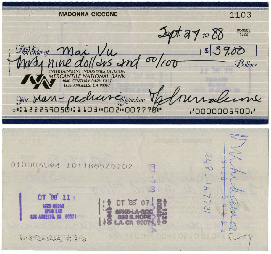 Madonna 1988 Signed Bank Cheque An original cheque from the Mercantile National Bank which has been