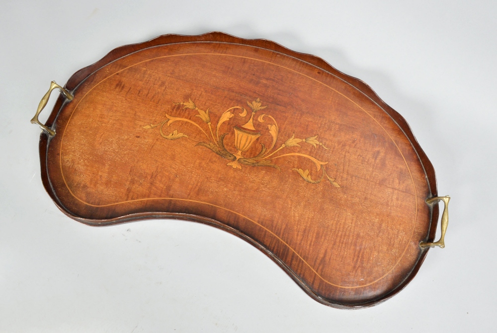 A late Regency mahogany two handled tea tray of kidney shape with gallery, the centre inlaid with