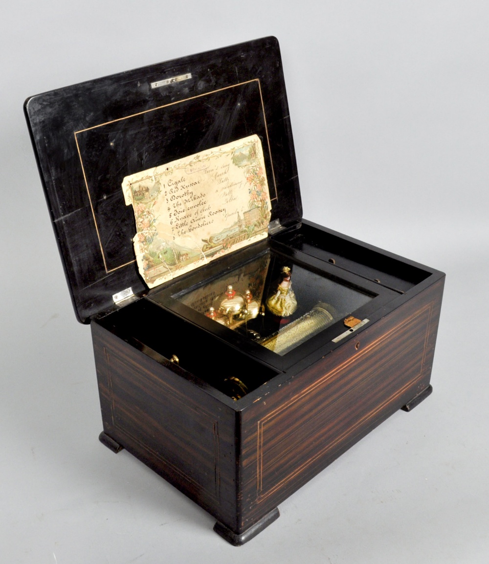 A late 19c Swiss musical box playing eight airs and having a forty three tooth comb, three bells in