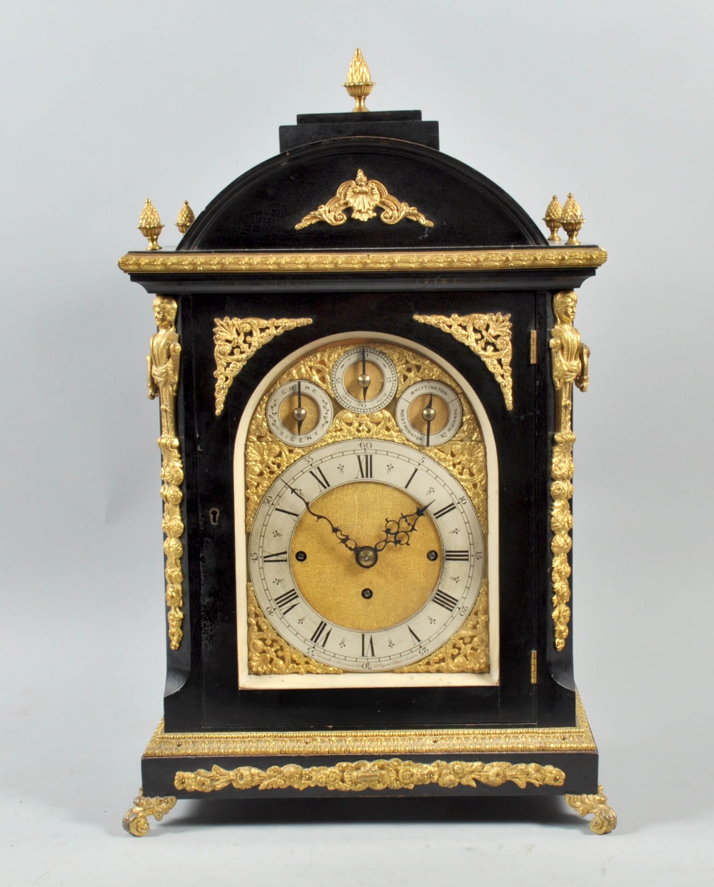 A large late 19c English chiming bracket clock retailed by the Goldsmiths & Silversmiths Company,