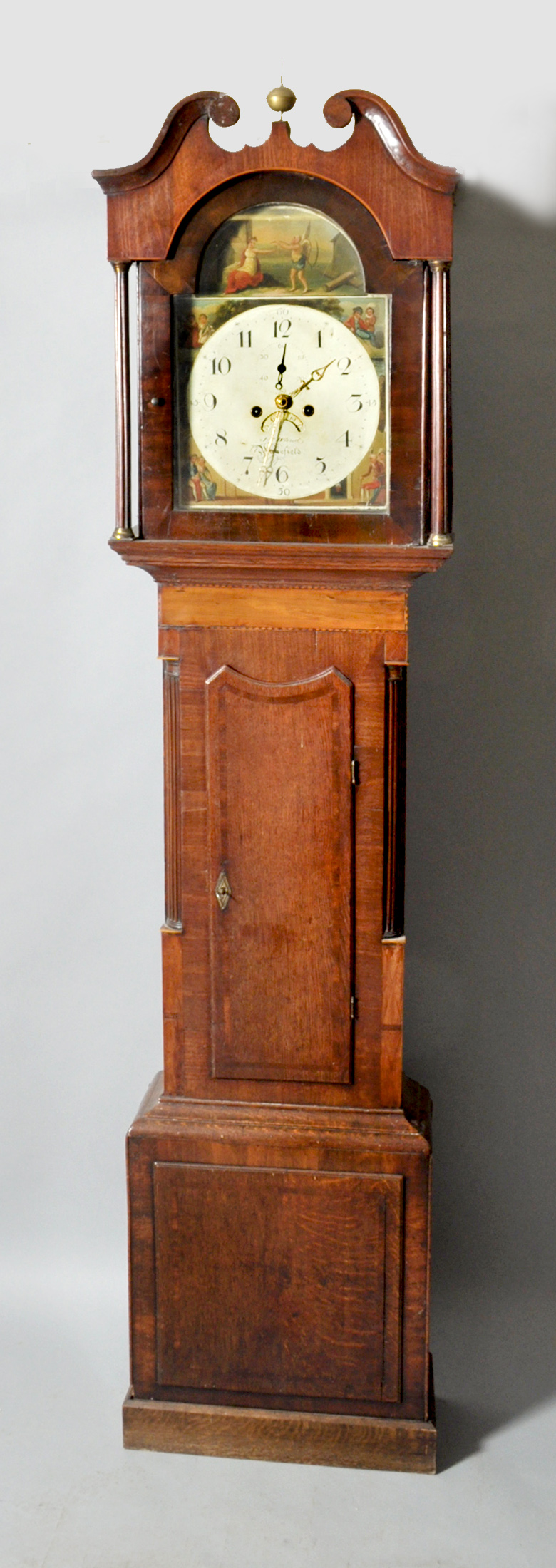 An early 19c eight day longcase clock, the 13"" arched painted dial signed John Wand, Wakefield and