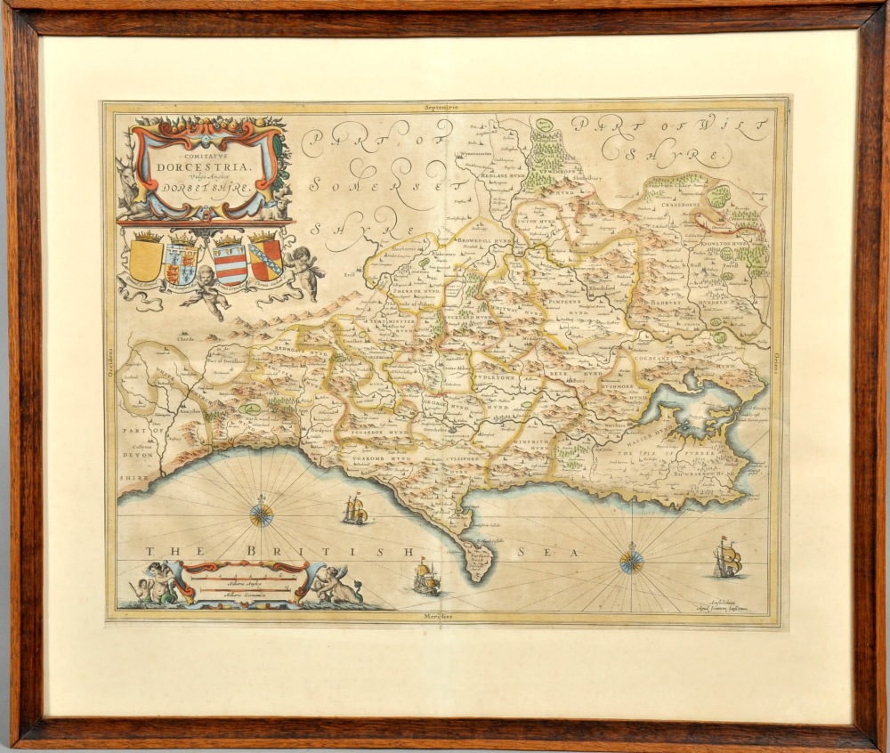 A 17c John Jansson map of Dorsetshire, hand coloured, framed and glazed, 15"" x 19"".