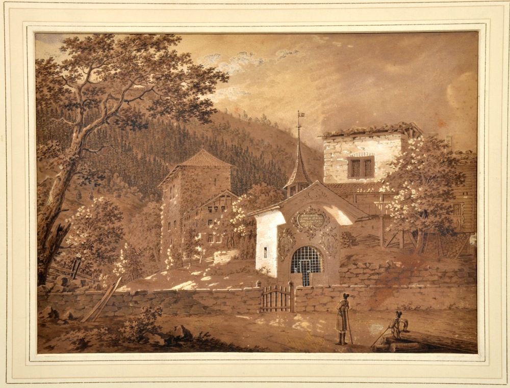 Unsigned - Continental ecclesiastical buildings in a mountainous setting, a late 18c/early 19c