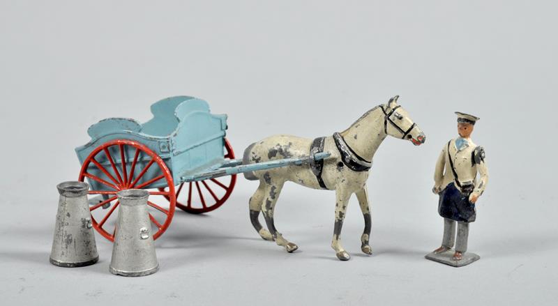 A Britains Ltd milk round horse and cart, together with dairyman and two churns.