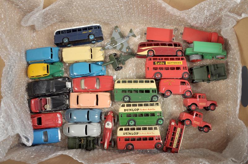 A collection of thirty Dinky Toy model vehicles, used, including an Austin taxi, Ovaltine Bedford