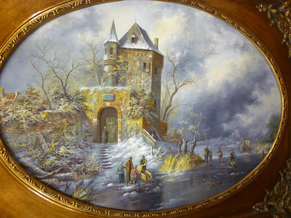 Artist unknown-oil on canvas Continental winter scene with numerous figures 23"" x 35"" oval in