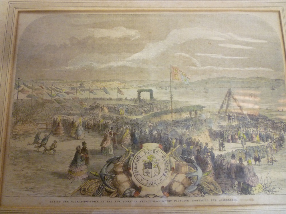 A 19th century coloured engraving ""Laying the foundation stone of the new docks at Falmouth"" with