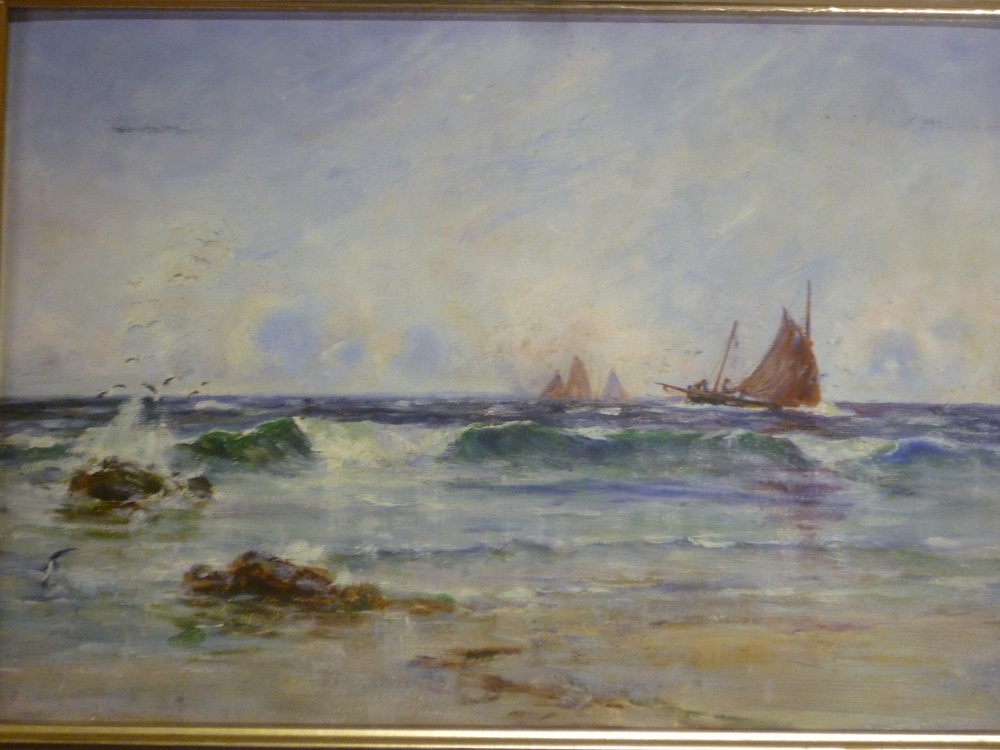 Artist unknown-oil on board Coastal scene with fishing boats 9½"" x 13½