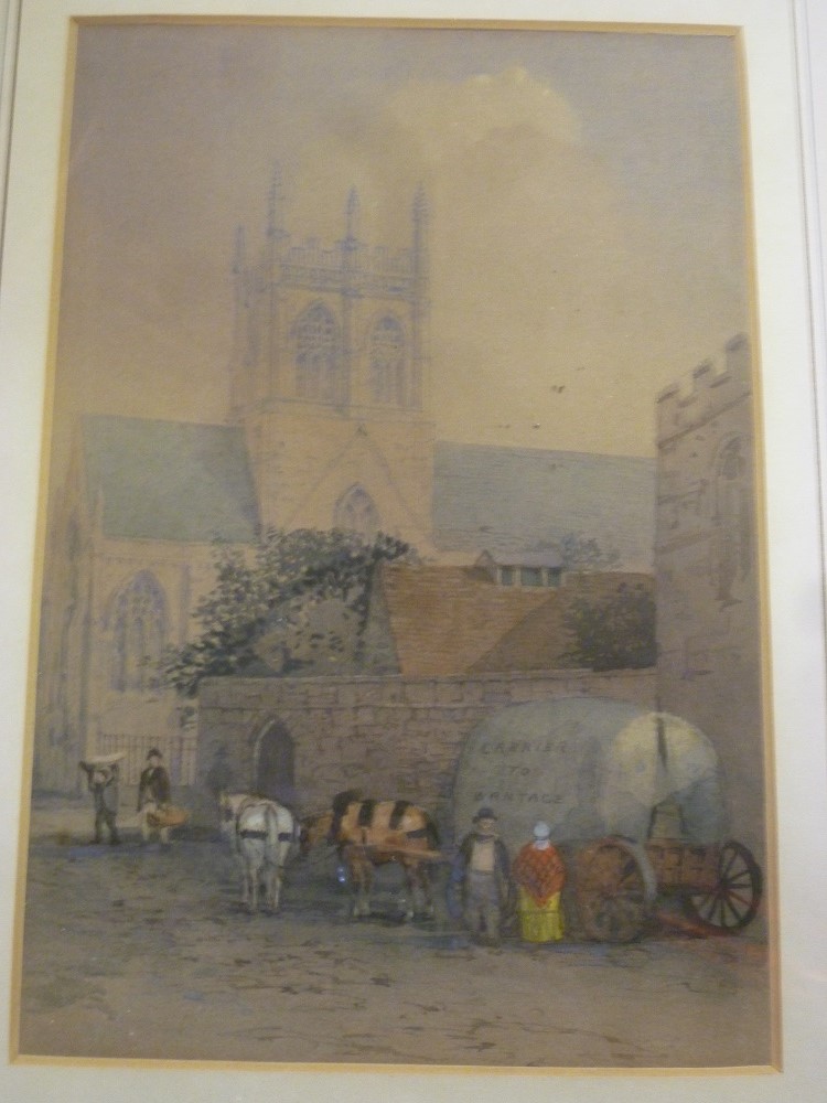 Artist Unknown-watercolour Village scene with figures and horse and cart ""Carrier to Wantage""