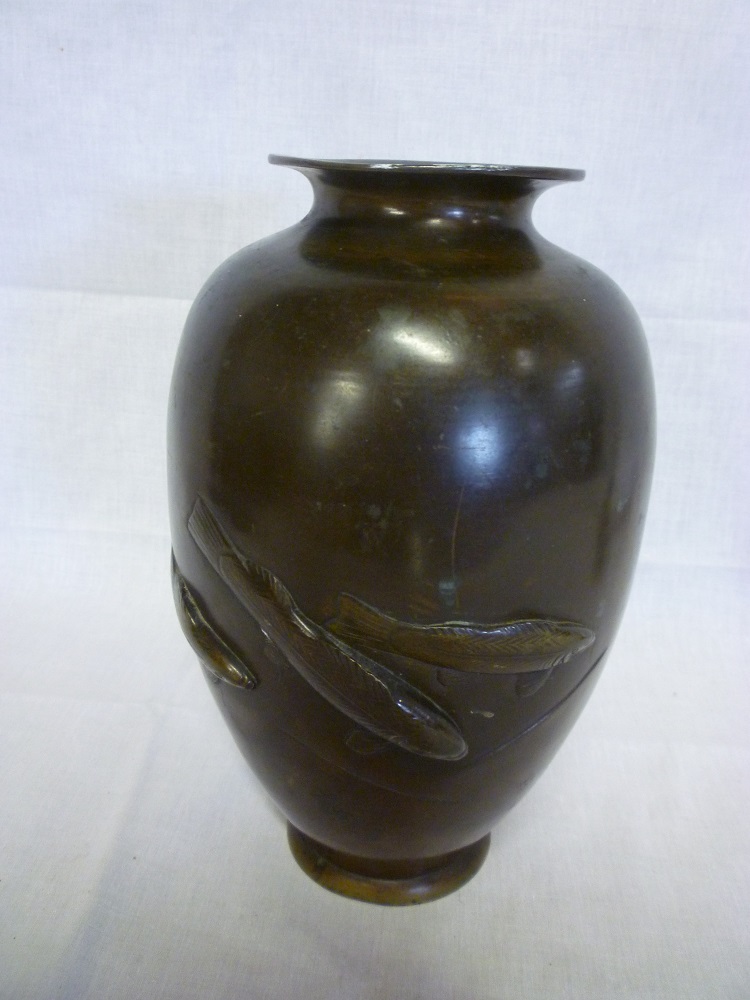A 19th century Japanese bronze tapered vase decorated in relief with fish 9"" high