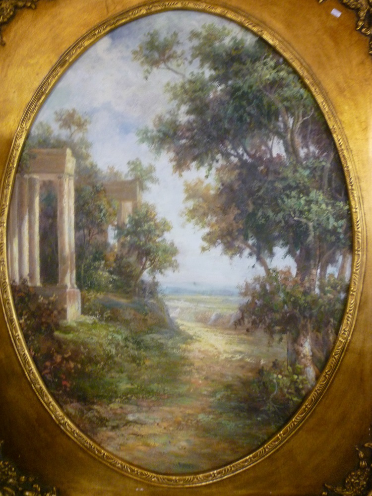 Artist unknown-oil on canvas Classical woodland clearing 38"" x 28"" oval in ornate gilt frame