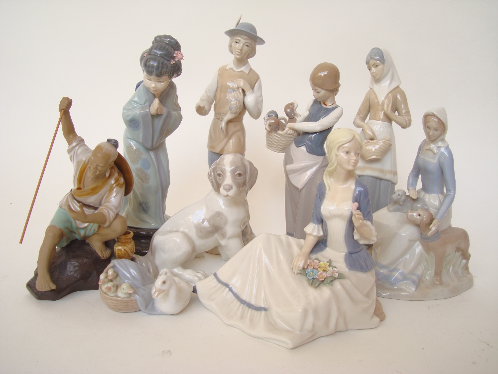 Lladro figure of a Geisha, Lladro Duck with ducklings, Nao spaniel and six other Spanish figurines