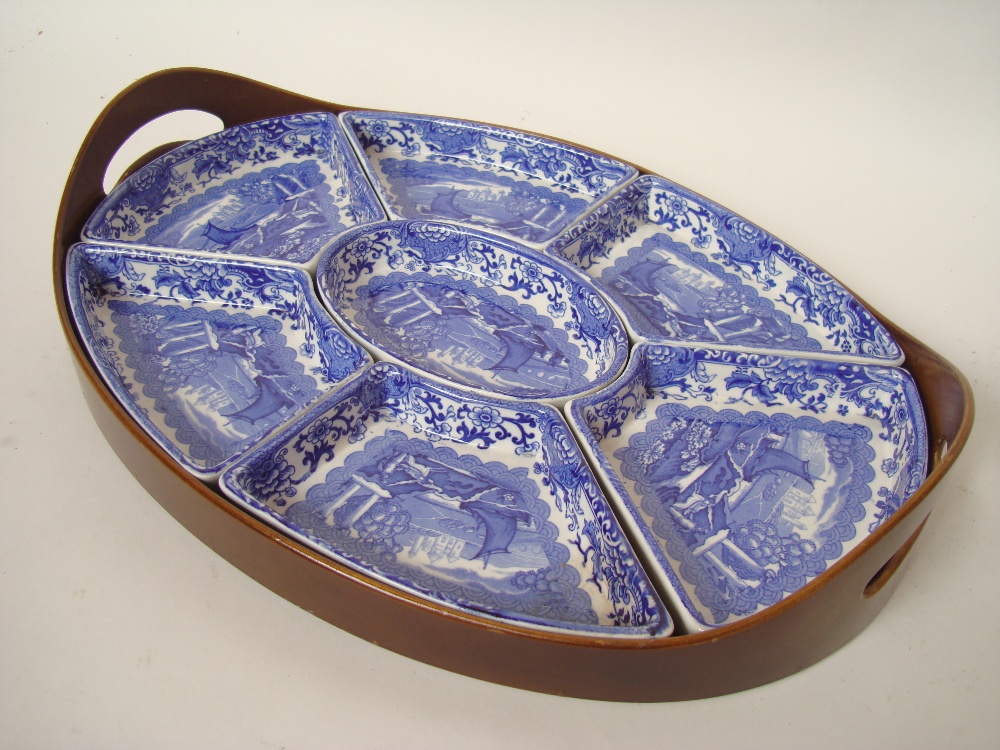 An early 20th Century Booths blue and white 'old blue Danube' pattern, hors d'oeuvres set comprising