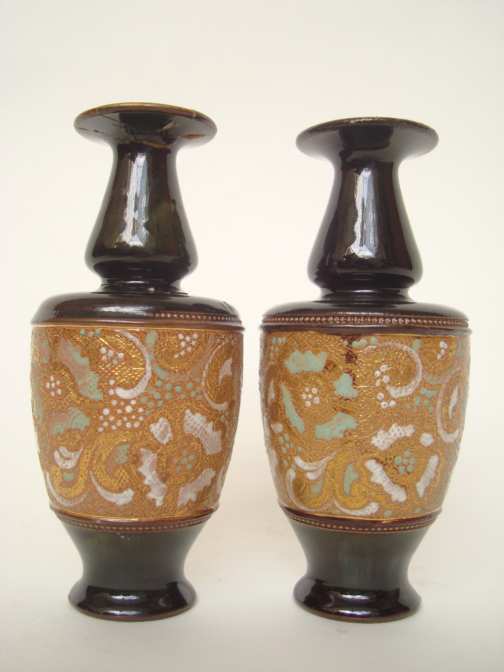 A pair of Doulton & Slaters patent vases, one repaired impressed marks 5782, 19cm h (2).