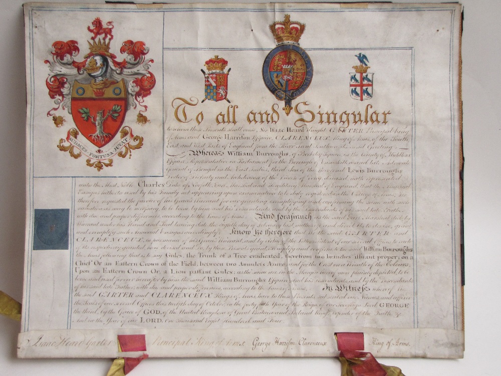 An illuminated armorial (Grant to bear Arms) for William Burroughs of Berkeley Square dated 1804.
