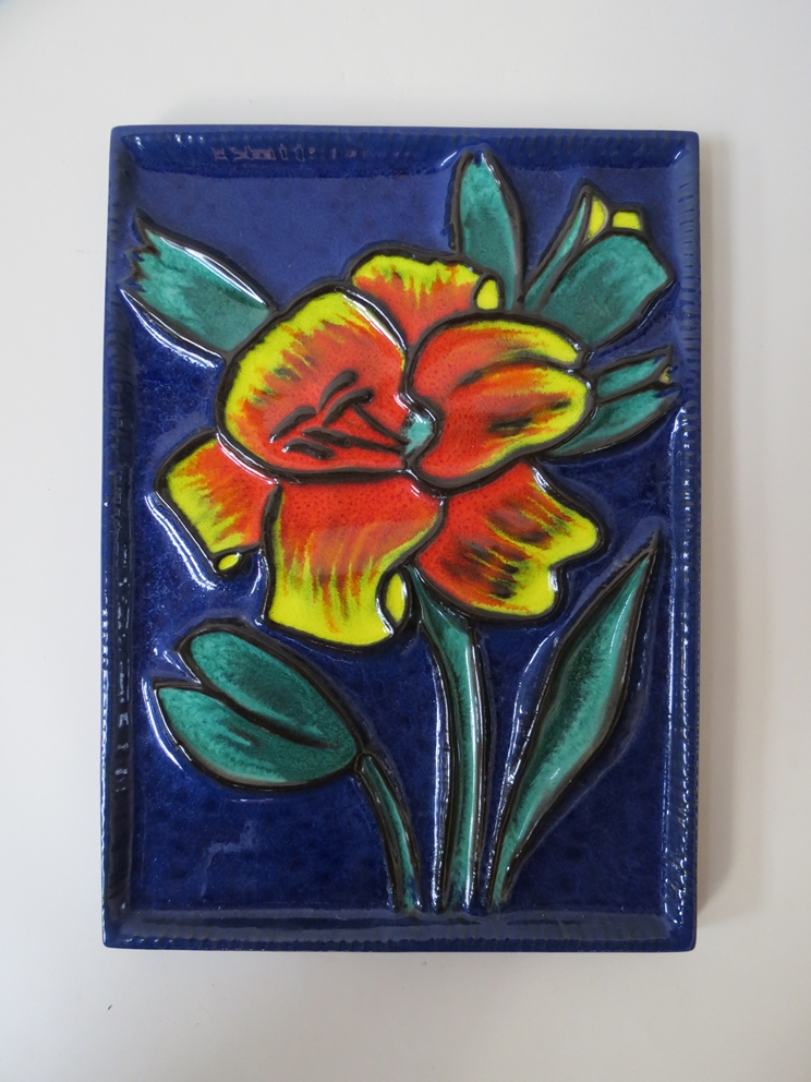 A Buckeburg Keramik ceramic tile (flower design) signed by Helge Pfaff 24cm x 34cm