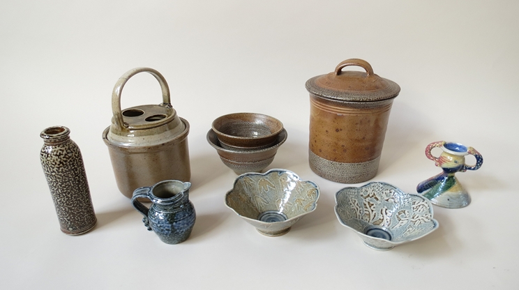 A collection of salt glazed stoneware items, bowls, lidded jar, jug etc. including Deborah Baynes