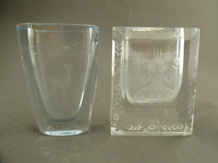 A Strombergshyttan glass wheel cut vase and another. (Some chipping)