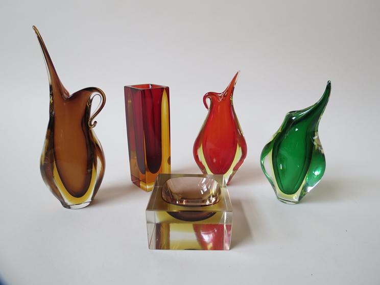 Five Murano sommerso glass vases and bowl