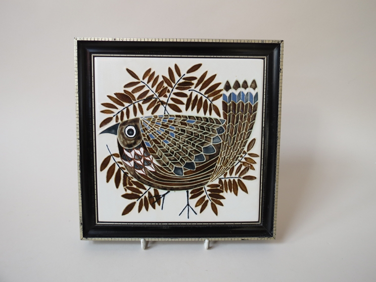 A framed Scandinavian style bird tile, 20.5 x 20.5 cms