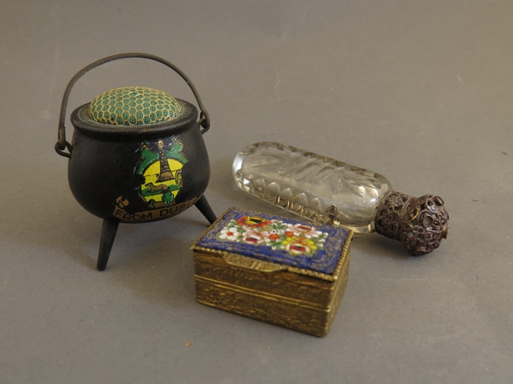A Victorian scent bottle with pierced lid, micro-mosiac box and Dublin pin cushion in the form of