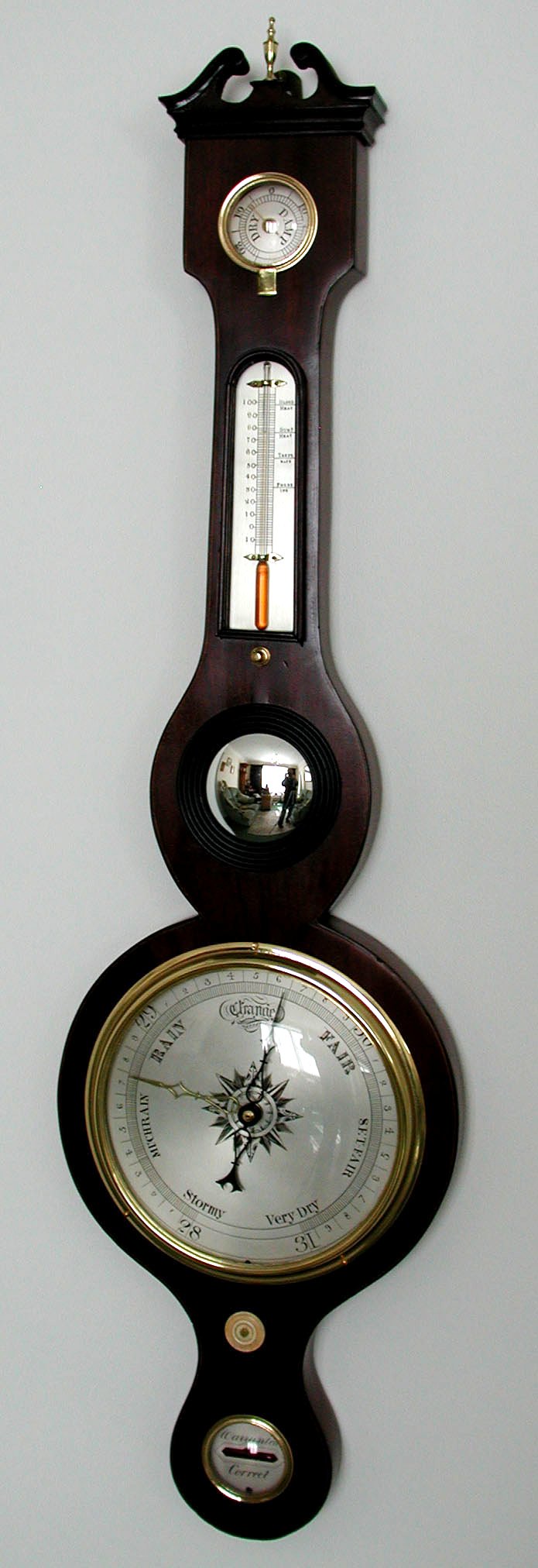An 8" scroll top mahogany and strung inlaid five dial wheel barometer, c.1870