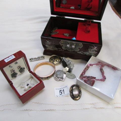 An Inlaid jewellery box and mixed lot of costume jewellery (2 boxes)