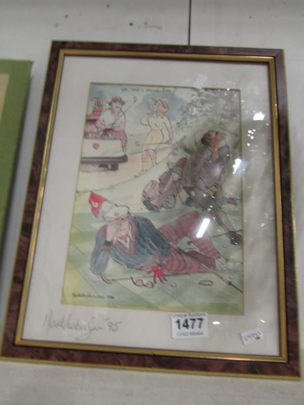 A framed and glazed Golfing print signed Mark Huskington