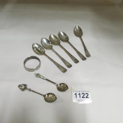 2 silver and enamel teaspoons, 5 silver teaspoons and a silver napkin ring