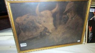 A framed and glazed study of a farmer feeding cattle