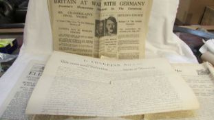 3 old newspapers including WW2 declaration of war and a copy of United Stated 1776 Declaration of