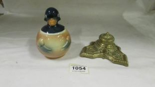 A brass inkwell and an unusual Goebel duck jam pot
