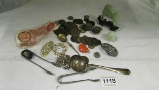 A mixed lot including Jade Horse, silver thimble, coins etc