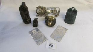 A 20th century Buddha, silver plated lion, 2 ingots, bronze seal etc