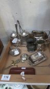 A mixed lot of silver plate, pewter and brass including cruet set, tankards, cork screws etc